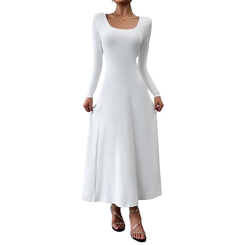 DeuYeng Damen Casual Herbst Langes Kleid Langarm U-Ausschnitt Einfarbig Herbst Cocktail Party Swing Midi Kleider (White, S) von DeuYeng