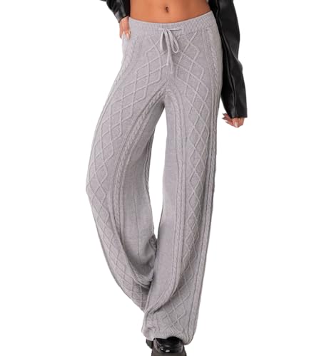 DeuYeng Damen Casual Herbst Winter Strickhosen Elegante Elastische Niedrige Taille Lounge Hosen Herbst Bottom Streetwear (Gray, S) von DeuYeng