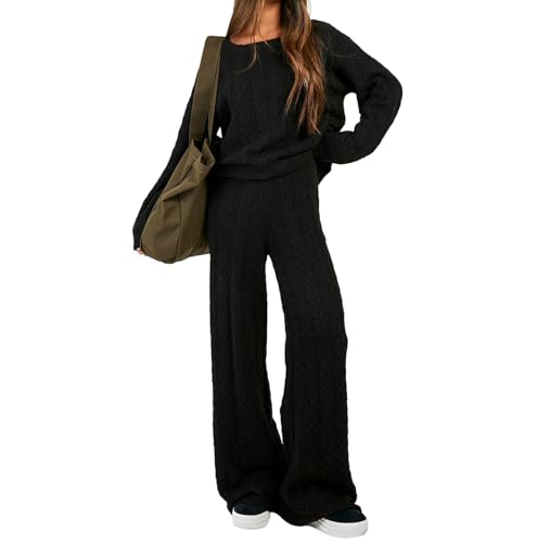 DeuYeng Damen Casual Y2k Herbst 2-teilige Strick Outfits Langarm Tops und Weit Bein Hosen Set Loungewear Sweatsuit Sets (Black, XL) von DeuYeng