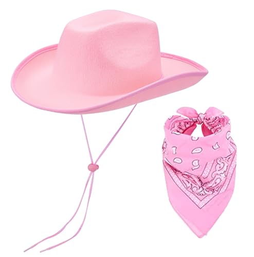 DeuYeng Damen-Cowboy-Hüte mit Schal, Verstellbarer Kinnriemen, Cowgirl-Hut für Damen, Cowboy Western-Hüte (Pink, One Size) von DeuYeng