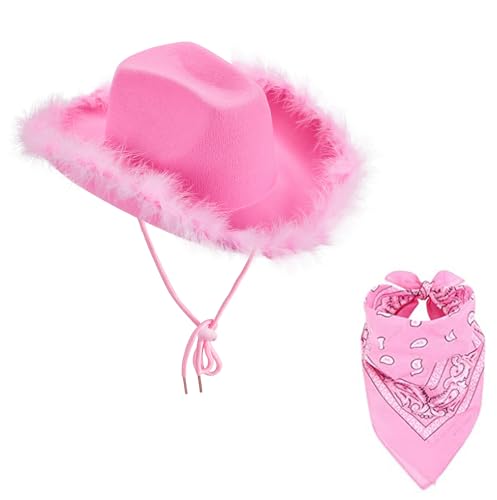DeuYeng Damen-Cowboy-Hüte mit Schal, Verstellbarer Kinnriemen, Cowgirl-Hut für Damen, Cowboy Western-Hüte (Pink raw Edge,One Size) von DeuYeng