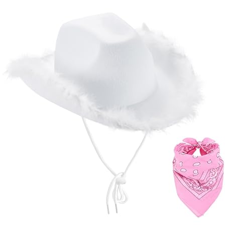 DeuYeng Damen-Cowboy-Hüte mit Schal, Verstellbarer Kinnriemen, Cowgirl-Hut für Damen, Cowboy Western-Hüte (White raw Edge, One Size) von DeuYeng