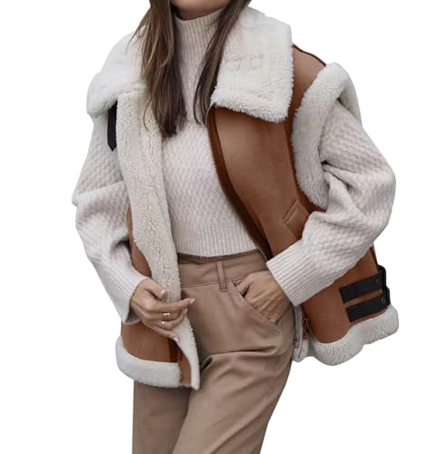 DeuYeng Damen Fuzzy Fleece Sherpa Weste Patchwork Stand Kragen Weste Casual Ärmellose Winterjacke Mantel Top Outwear (Dark Brown, S) von DeuYeng