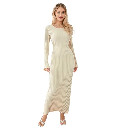 DeuYeng Damen Langarm Bodycon Strickkleid Kleid Einfarbige Elegante Pulloverkleid Rippstrick Herbst Midi Kleider Streetwear (Beige, L) von DeuYeng