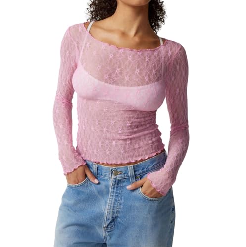 DeuYeng Damen-Langarm-Herbst-Spitzenoberteil, durchsichtiges Hemd mit Blumenmuster, herzförmiger Ausschnitt vorne, Kurze Bluse mit Schleife (05 Pink, S) von DeuYeng