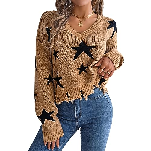 DeuYeng Damen Langarm Strickpullover Pullover Rundhals Tunika Herbst Bluse Herbst Mode Tops Strickwaren (Star Khaki, M) von DeuYeng