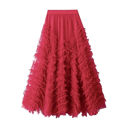 DeuYeng Damen Lange Tüll Rock Multilayer Mesh Plissee Stretch Hohe Taille Elegante Cocktail Party Kuchen Maxi Midi Röcke (Red, One Size) von DeuYeng