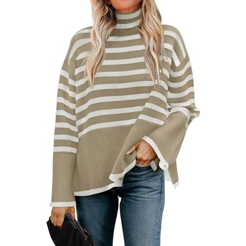 DeuYeng Damen Lose Stricken Pullover Herbst Bluse Streifen Langarm Pullover Frühling Rundhals Pullover Sweatshirt Streetwear (03 Khaki, M) von DeuYeng