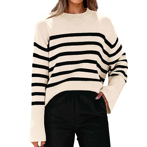 DeuYeng Damen Lose Stricken Pullover Herbst Bluse Streifen Langarm Pullover Frühling Rundhals Pullover Sweatshirt Streetwear (Beige, XL) von DeuYeng