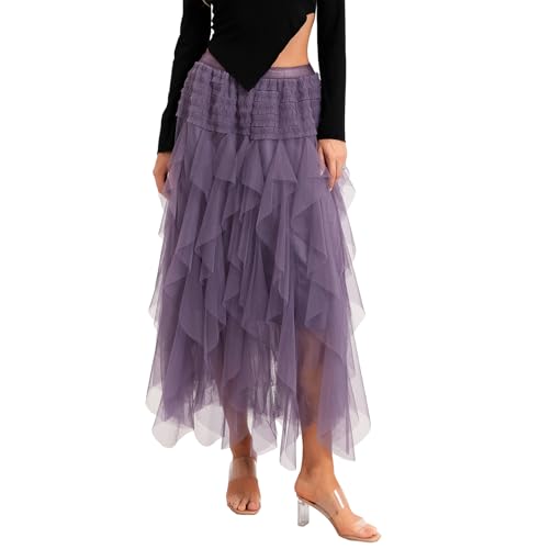 DeuYeng Damen Mesh Tutu Röcke Tüll Unregelmäßig Unterrock Lagenrock Ballett Tutu Abschlussball Party Faltenkleid A-Linie Midirock (06 Purple, One Size) von DeuYeng