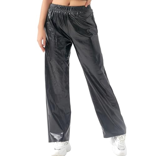 DeuYeng Damen Metallic Glänzende Hosenhose Solide Hohe Taille Disco Gerade Bein Y2k Hosen für Party Dance Streetwear (Black, M) von DeuYeng