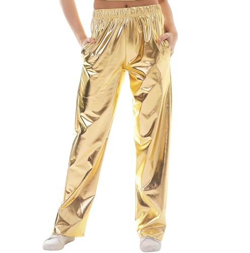 DeuYeng Damen Metallic Glänzende Hosenhose Solide Hohe Taille Disco Gerade Bein Y2k Hosen für Party Dance Streetwear (Gold, L) von DeuYeng