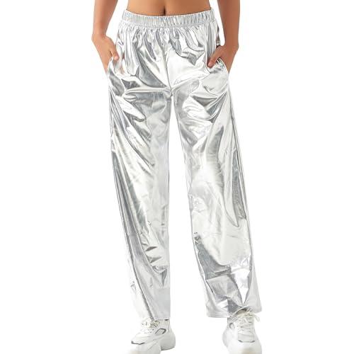 DeuYeng Damen Metallic Glänzende Hosenhose Solide Hohe Taille Disco Gerade Bein Y2k Hosen für Party Dance Streetwear (Silver, L) von DeuYeng