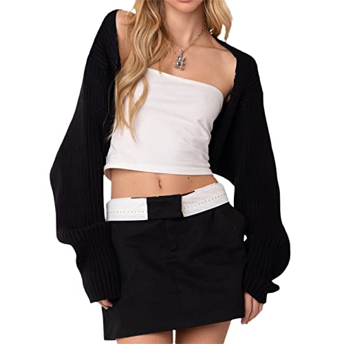 DeuYeng Damen Offene Front Bolero Shrug Pullover Langarm Crop Pullover Strick Tops Cropped Cardigan Herbst Bluse Oberbekleidung (02 Black, One Size) von DeuYeng