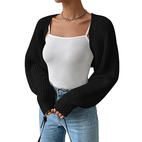 DeuYeng Damen Offene Front Bolero Shrug Pullover Langarm Crop Pullover Strick Tops Cropped Cardigan Herbst Bluse Oberbekleidung (05 Black, L) von DeuYeng