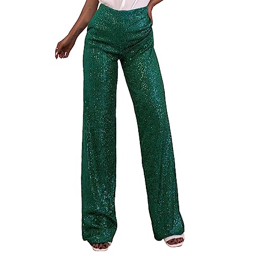 DeuYeng Damen Pailletten Breite Bein Hosen Glänzende Lose Casual Elastische Hohe Taille Funkelnde Hosen Hosen für Arbeit Büro Club Streetwear (Green, S) von DeuYeng