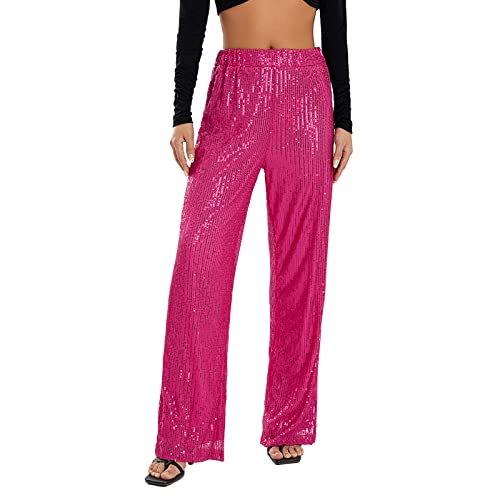 DeuYeng Damen Pailletten Breite Bein Hosen Glänzende Lose Casual Elastische Hohe Taille Funkelnde Hosen Hosen für Arbeit Büro Club Streetwear (Rose Red, M) von DeuYeng