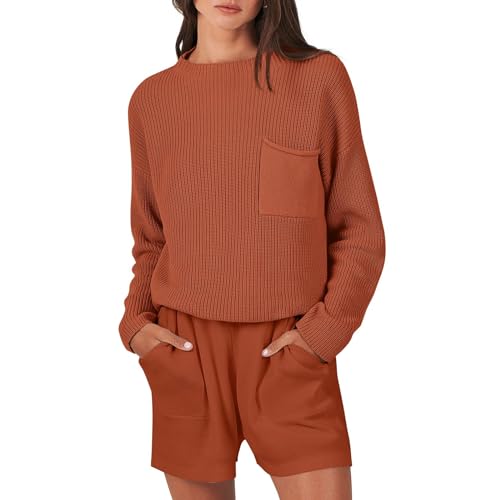 DeuYeng Damen Strick Short Sets 2-teilige Outfits Strickpullover und Shorts mit Taschen Zweiteilige Sweater Sets Strickwaren (Orange Red, L) von DeuYeng