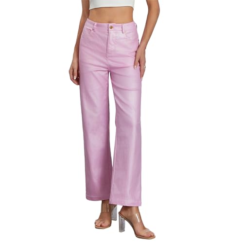 DeuYeng Metallic-glänzende Denim-Hose für Damen, einfarbig, hohe Taille, Disco, gerades Bein, Y2k-Hose für Party, Tanz, Streetwear (Pink, M) von DeuYeng