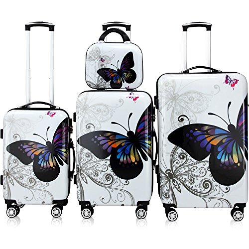 Monzana Reisekofferset 4tlg Butterfly Hartschalenkofferset mit Schloss & Beautycase 360° Rollen Schutzfolie Netzfach 2 Wege Reißverschluss Koffer von Monzana