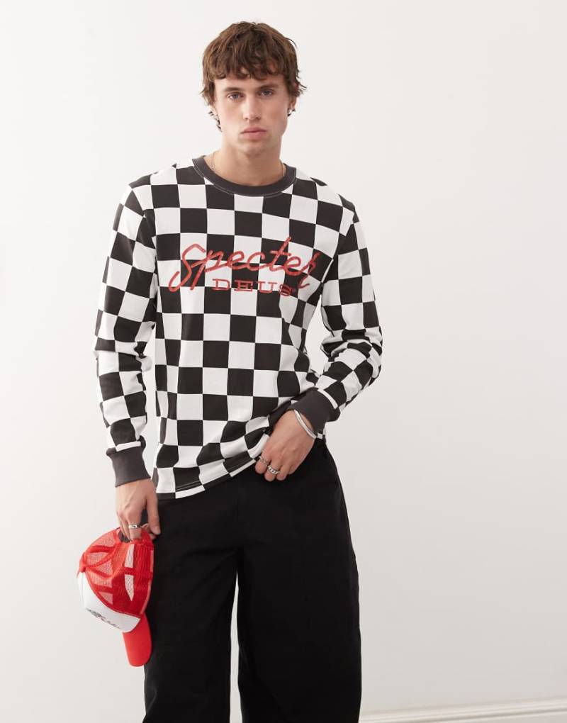 Deus Ex Machina - Specter - Schwarz-weiß gemustertes T-Shirt mit Moto-Grafikprint von Deus Ex Machina