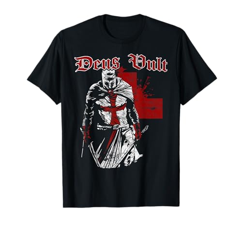 Deus Vult Kreuzritter Templer Mittelalter Geschenk T-Shirt - Herren - Schwarz - S - Langarm - Klassische Passform - V-Ausschnitt - Mittelalterlich - Militär-T-Shirt von Deus Vult Kreuzritter Templer Mittelalter Geschenk