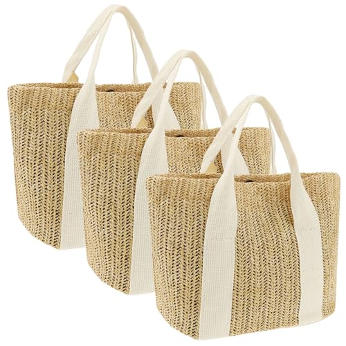 3 Stück Strohtasche,Große Stroh Strandtasche,Retro Stroh Tasche Damen,Gewebte Tragetasche,Gewebte Tasche für Urlaub Reisen Strand Sommer von Deuson