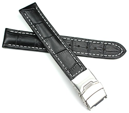 Sulla 18mm Kroko Prägung Alligator Genuine Leder Armband Butterfly mit FALTSCHLIEßE aus Edelstahl 18 schwarz mit weißer Naht von Sulla