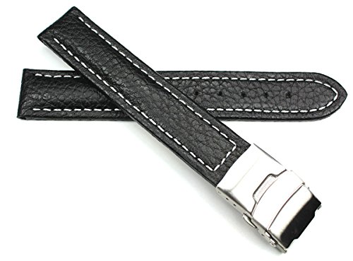 Sulla 18mm Genuine Leder Uhrenarmband mit Edelstahl Faltschließe schwarz weiße Naht von Sulla