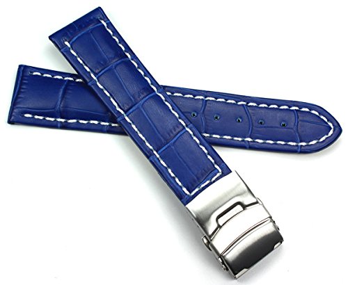Sulla 22mm Genuine Leder Uhrenarmband Edelstahl Faltschließe mittel blau Krokoprägung von DEUTSCH