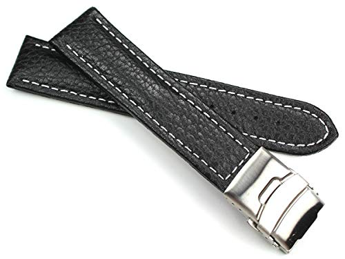 Sulla 22mm Genuine Leder Uhrenarmband mit Edelstahl Faltschließe schwarz weiße Naht von Sulla