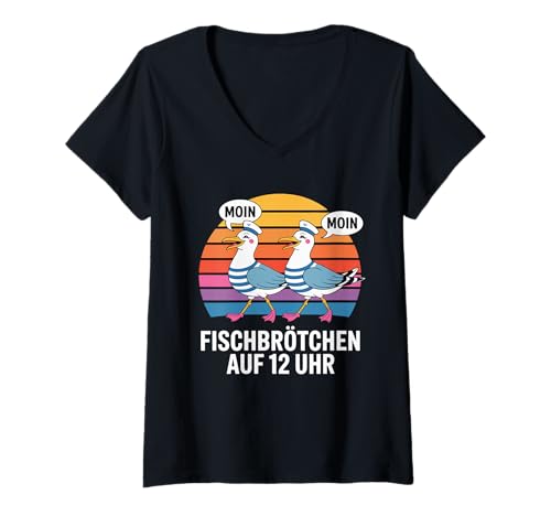 Damen Fischbrötchen Auf 12 Uhr Moin Moin Seagull Sailor T-Shirt mit V-Ausschnitt Damen Fischbrötchen Auf 12 Uhr Moin Moin Seagull Sailor T-Shirt mit V-Ausschnitt von Deutsche Möwe Moin Hamburg Nordsee Ostseküste