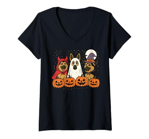 Damen Deutscher Schäferhund Halloween Kostüm T-Shirt mit V-Ausschnitt von Deutscher Schäferhund Halloween Kostüm Gruselig