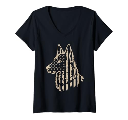 Damen Amerikanische Flagge Deutsche Schäferhund Tshirt T-Shirt mit V-Ausschnitt von Deutscher Schäferhund TShirt Men American Flag