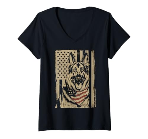 Damen Amerikanische Flagge Deutsche Schäferhund Tshirt T-Shirt mit V-Ausschnitt von Deutscher Schäferhund TShirt Men American Flag