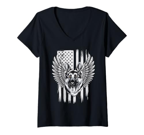 Damen Amerikanische Flagge Deutsche Schäferhund Tshirt T-Shirt mit V-Ausschnitt von Deutscher Schäferhund TShirt Men American Flag