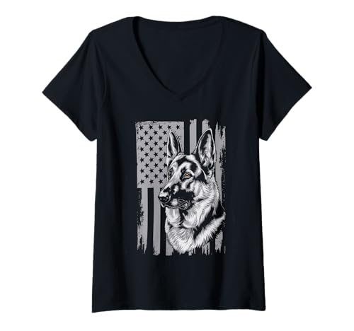 Damen Amerikanische Flagge Deutsche Schäferhund Tshirt T-Shirt mit V-Ausschnitt von Deutscher Schäferhund TShirt Men American Flag