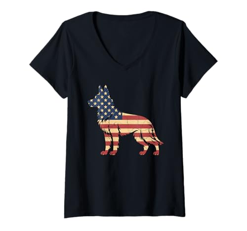 Damen Amerikanische Flagge Deutsche Schäferhund Tshirt T-Shirt mit V-Ausschnitt von Deutscher Schäferhund TShirt Men American Flag