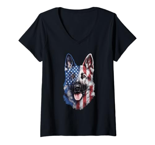 Damen Amerikanische Flagge Deutsche Schäferhund Tshirt T-Shirt mit V-Ausschnitt von Deutscher Schäferhund TShirt Men American Flag