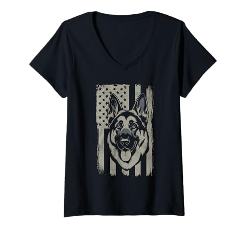Damen Amerikanische Flagge Deutsche Schäferhund Tshirt T-Shirt mit V-Ausschnitt von Deutscher Schäferhund TShirt Men American Flag