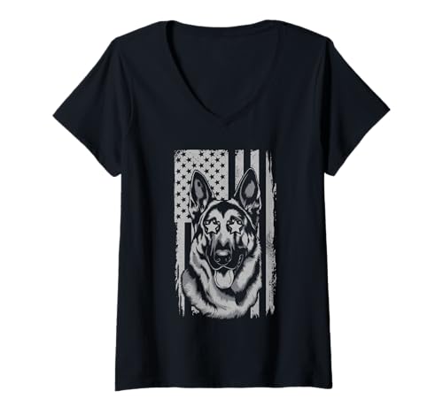 Damen Amerikanische Flagge Deutsche Schäferhund Tshirt T-Shirt mit V-Ausschnitt von Deutscher Schäferhund TShirt Men American Flag