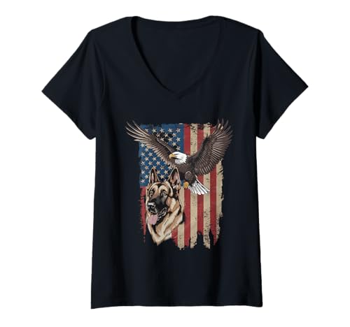 Damen Amerikanische Flagge Deutsche Schäferhund Tshirt T-Shirt mit V-Ausschnitt von Deutscher Schäferhund TShirt Men American Flag