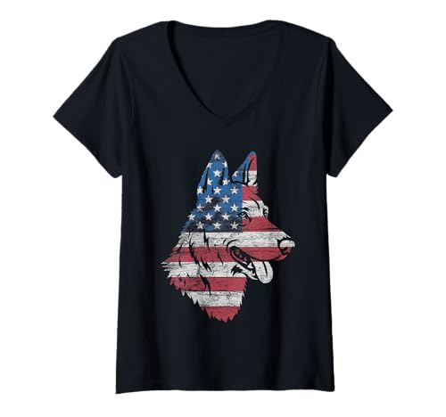 Damen Amerikanische Flagge Deutsche Schäferhund Tshirt T-Shirt mit V-Ausschnitt von Deutscher Schäferhund TShirt Men American Flag