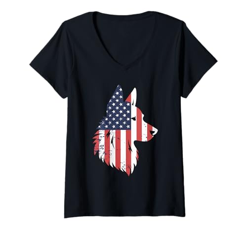 Damen Amerikanische Flagge Deutsche Schäferhund Tshirt T-Shirt mit V-Ausschnitt von Deutscher Schäferhund TShirt Men American Flag