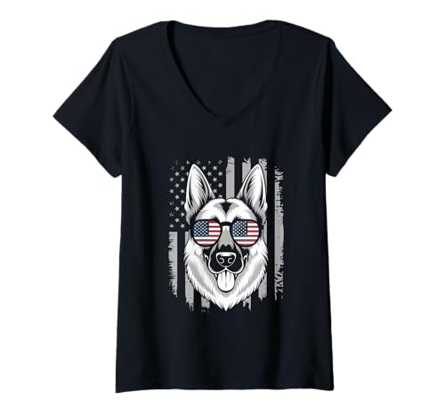 Damen Amerikanische Flagge Deutsche Schäferhund Tshirt T-Shirt mit V-Ausschnitt von Deutscher Schäferhund TShirt Men American Flag