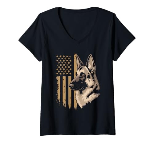 Damen Amerikanische Flagge Deutsche Schäferhund Tshirt T-Shirt mit V-Ausschnitt von Deutscher Schäferhund TShirt Men American Flag