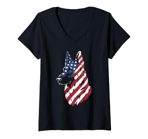 Damen Amerikanische Flagge Deutsche Schäferhund Tshirt T-Shirt mit V-Ausschnitt von Deutscher Schäferhund TShirt Men American Flag