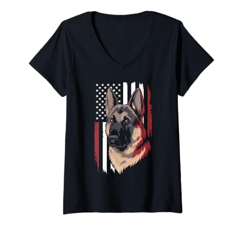 Damen Amerikanische Flagge Deutsche Schäferhund Tshirt T-Shirt mit V-Ausschnitt von Deutscher Schäferhund TShirt Men American Flag