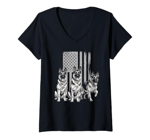 Damen Amerikanische Flagge Deutsche Schäferhund Tshirt T-Shirt mit V-Ausschnitt von Deutscher Schäferhund TShirt Men American Flag