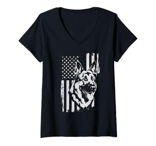 Damen Amerikanische Flagge Deutsche Schäferhund Tshirt T-Shirt mit V-Ausschnitt von Deutscher Schäferhund TShirt Men American Flag